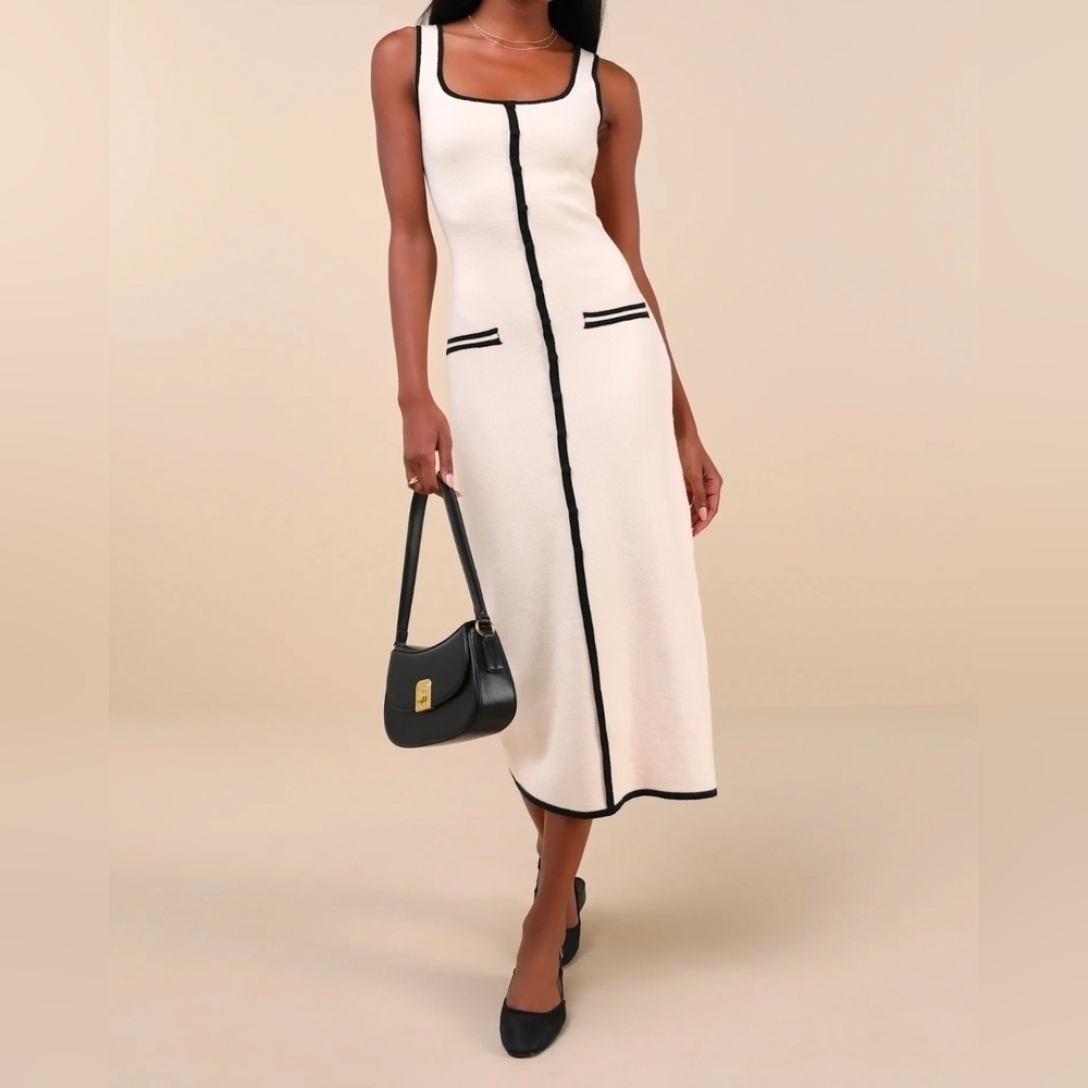 Lulus Sophisticated Composure Cream Knit Button-Front Midi Dress, Size Small